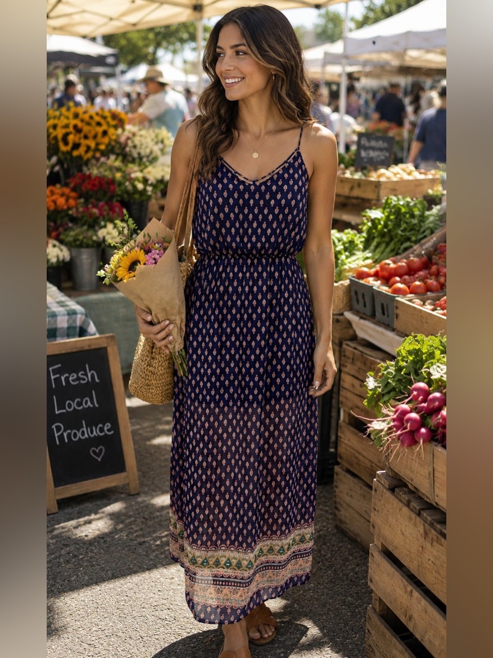 Sienna Sky Navy Blue Printed Maxi Dress with Border Trim